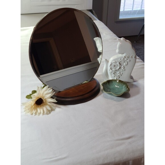 Vintage Round Mirror on Wood Base 12" Beveled Vanity Decor Rustic Accent - Picture 3 of 9